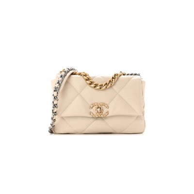 CHANEL GOATSKIN QUILTED MEDIUM CHANEL 19 FLAP BEIGE (26*16*9cm) 