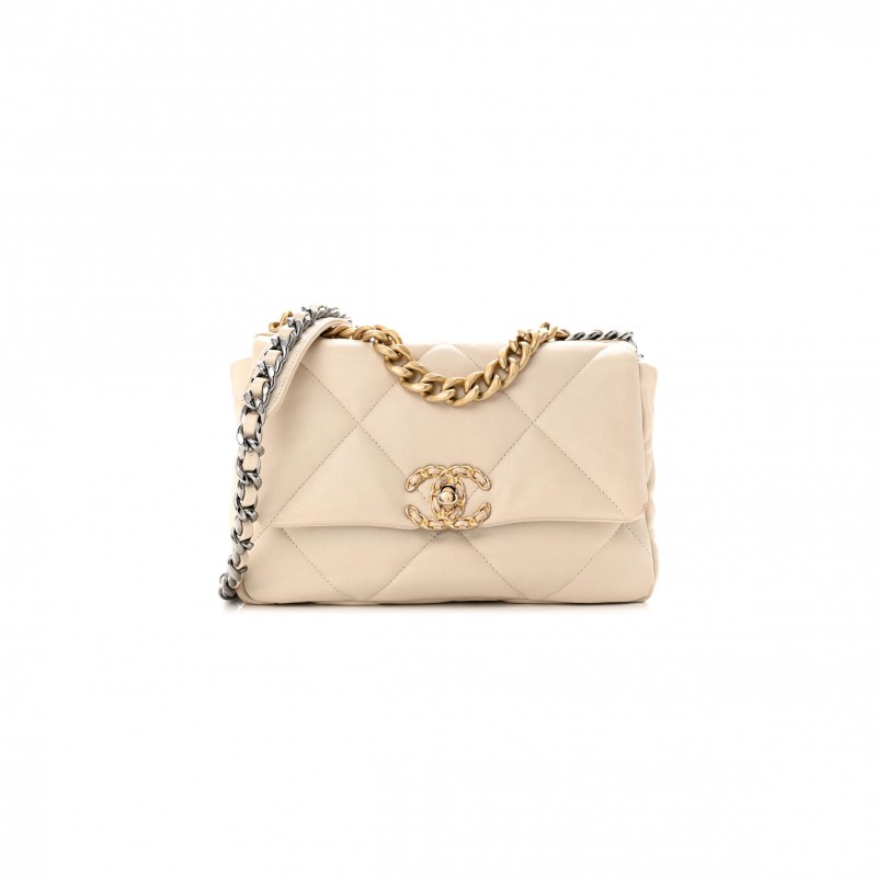 CHANEL GOATSKIN QUILTED MEDIUM CHANEL 19 FLAP BEIGE (26*16*9cm) 
