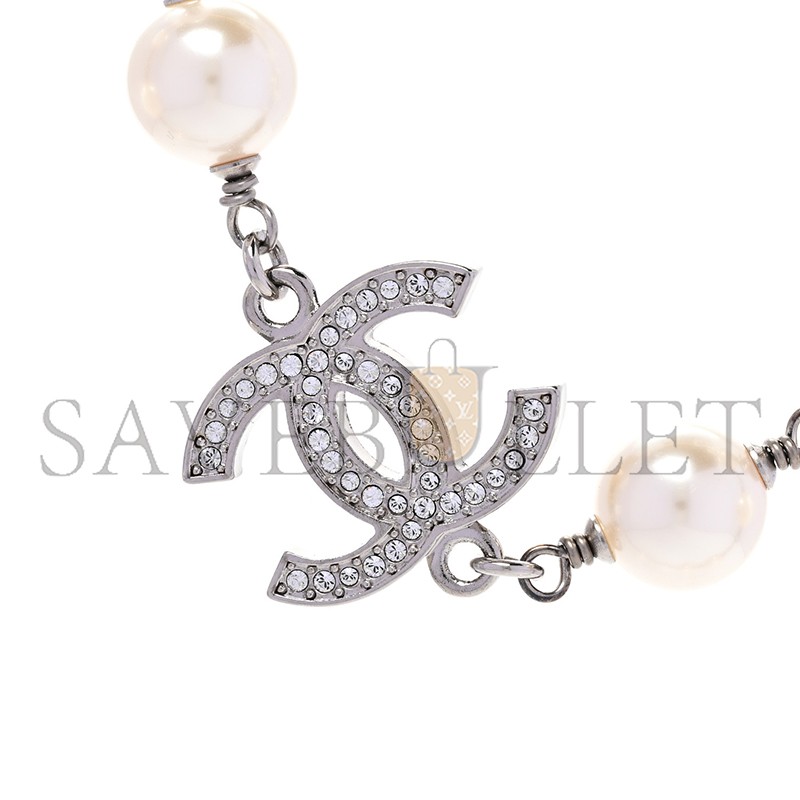 CHANEL GRADUATED PEARL CRYSTAL CC LONG NECKLACE SILVER 