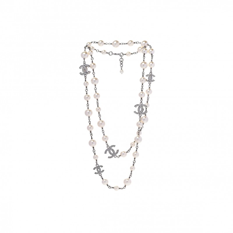 CHANEL GRADUATED PEARL CRYSTAL CC LONG NECKLACE SILVER 