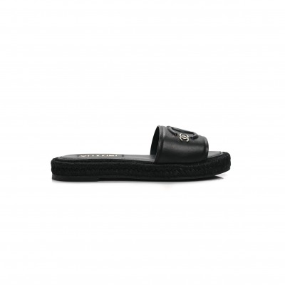 CHANEL LAMBSKIN ESPADRILLE MULE SANDALS BLACK G39778