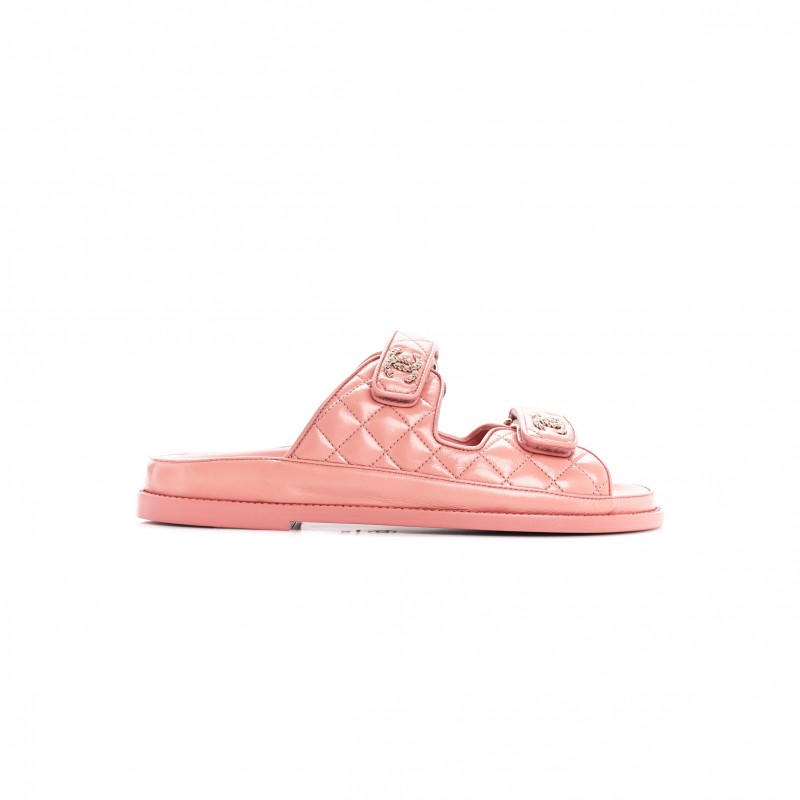 CHANEL LAMBSKIN QUILTED VELCRO DAD CHAIN CC SLIDE SANDALS 