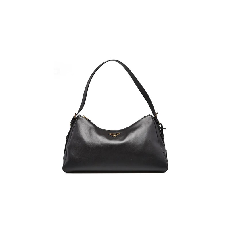 PRADA BLACK SOFT GRAIN CALFSKIN LEATHER LARGE AIMEE SHOULDER BAG 1BC228 (39*23*12cm)