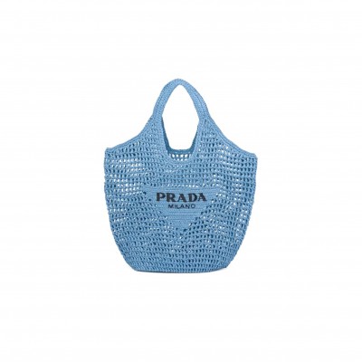 PRADA TRIANGLE LOGO BUCKET TOTE RAFFIA BLUE 1BG424 (53*40cm) 