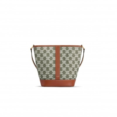 CELINE SMALL BUCKET IN TRIOMPHE CANVAS AND CALFSKIN 191442CS8.15KH (30*22*13cm)