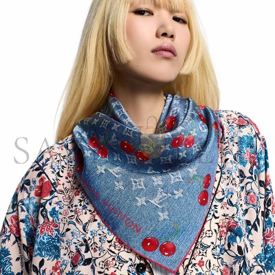 LOUIS VUITTON SCARF MURAKAMI LV X TM DENIM CERISE SQUARE 90 M96389 (90*90cm)