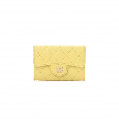 CHANEL CAVIAR QUILTED FLAP CARD HOLDER WALLET YELLOW AP0214 (11.3*7.5*2.5cm)