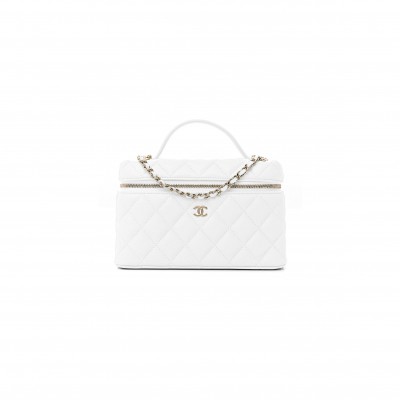 CHANEL CC TOP HANDLE LONG VANITY CASE WITH CHAIN SHINY CAVIAR LIGHT GOLD HARDWARE WHITE AP4385 B10581 (19.5*17*5cm) CHANEL CC TOP HANDLE LONG VANITY CASE WITH CHAIN SHINY CAVIAR LIGHT GOLD HARDWARE WHITE AP4385 B10581 (19.5*17*5cm)