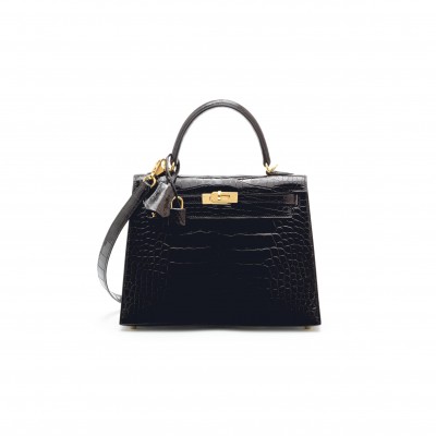 HERMÈS MASTER BLACK ALLIGATOR SELLIER KELLY 25 WITH GOLD HARDWARE (25*17*7cm) 