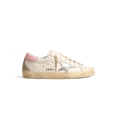 GOLDEN GOOSE WOMEN'S SUPER-STAR WITH SILVER LEATHER STAR AND PINK HEEL TAB GWF00102