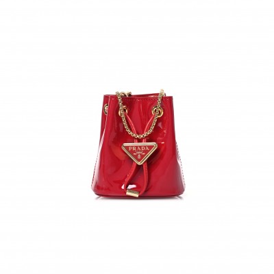 PRADA VERNICE METAL TRIANGLE LOGO MINI DRAWCORD POUCH SHOULDER BAG CHERRY 1NR016 (9.5*9*6cm)