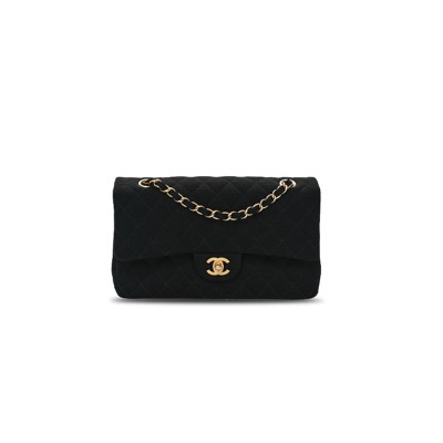 CHANEL JERSEY QUILTED MEDIUM DOUBLE FLAP BLACK  (25*17*7cm)