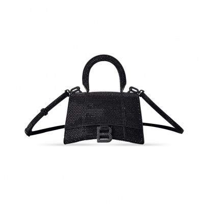BALENCIAGA WOMEN'S HOURGLASS HANDBAG XS  WITH RHINESTONES BLACK 5928331S4CY8210 (18.8*13*7.9cm)