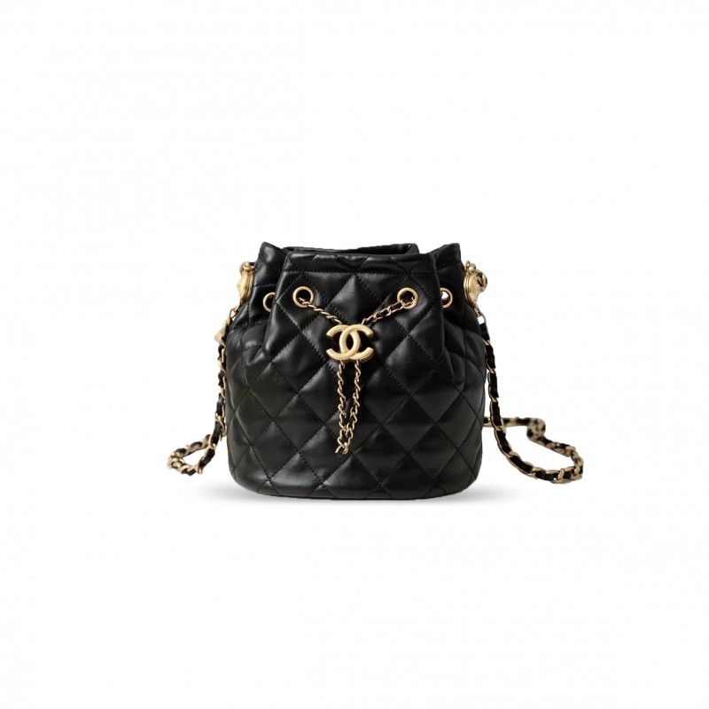 CHANEL CLASSIC DOUBLE C DIAMOND PATTERN BLACK LAMBSKIN BUCKET BAG AS2057 (23*20*12cm)