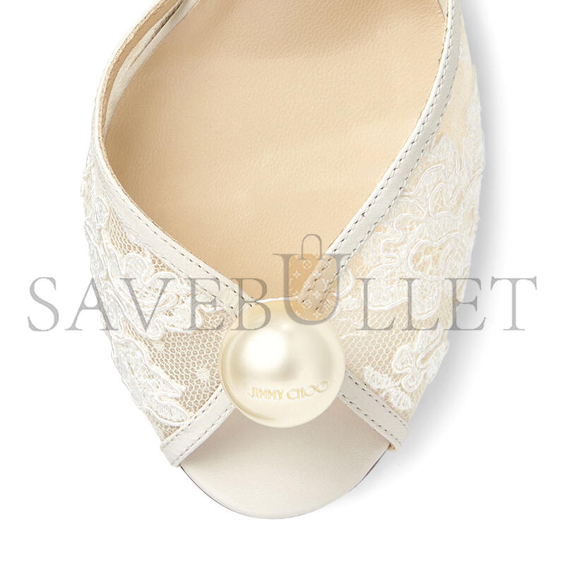 JIMMY CHOO SACORA 85 IVORY FLORAL LACE SANDALS WITH PEARL DETAIL SACORA85FXW