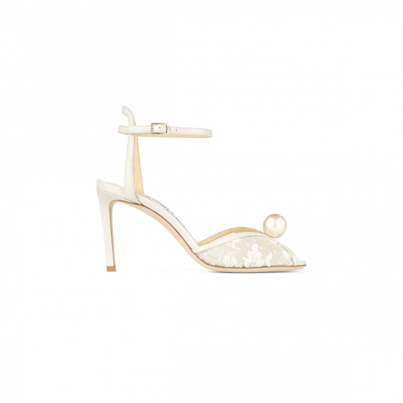 JIMMY CHOO SACORA 85 IVORY FLORAL LACE SANDALS WITH PEARL DETAIL SACORA85FXW
