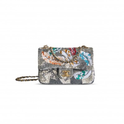 CHANEL MASTER MINI CLASSIC 11.12 HANDBAG EMBROIDERED SATIN, SEQUINS, GLASS PEARLS 356014 (20*13*7cm)
