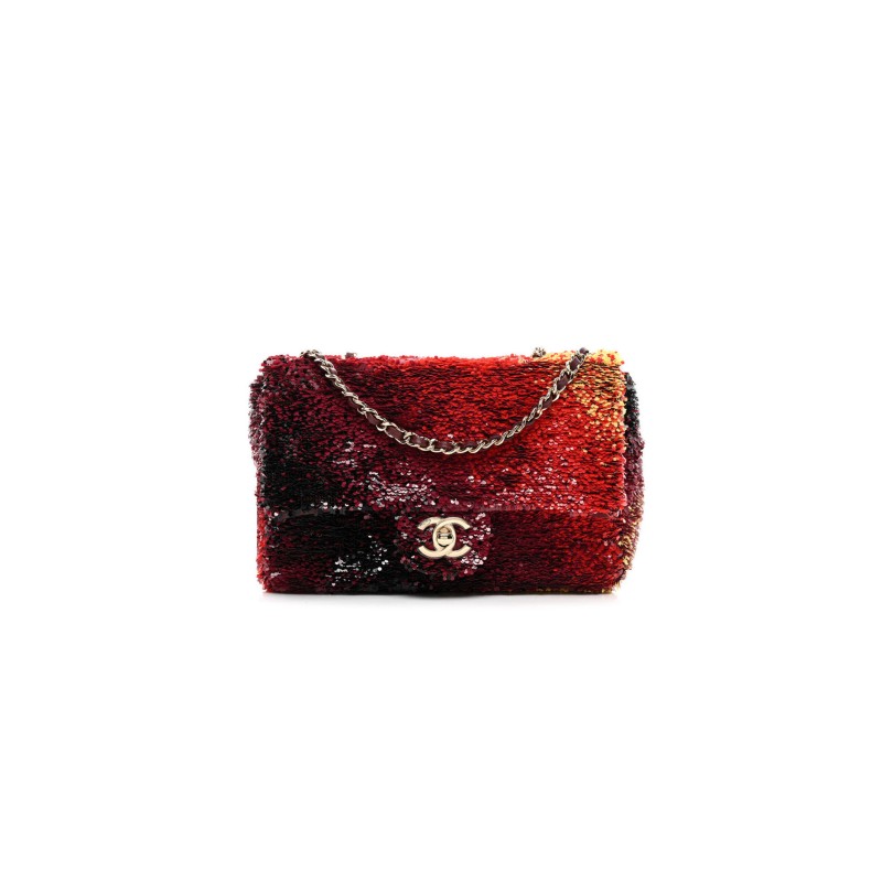 CHANEL MASTER SHADED SEQUINS MINI FLAP BLACK BURGUNDY RED YELLOW 1566880 (20*14*7cm)