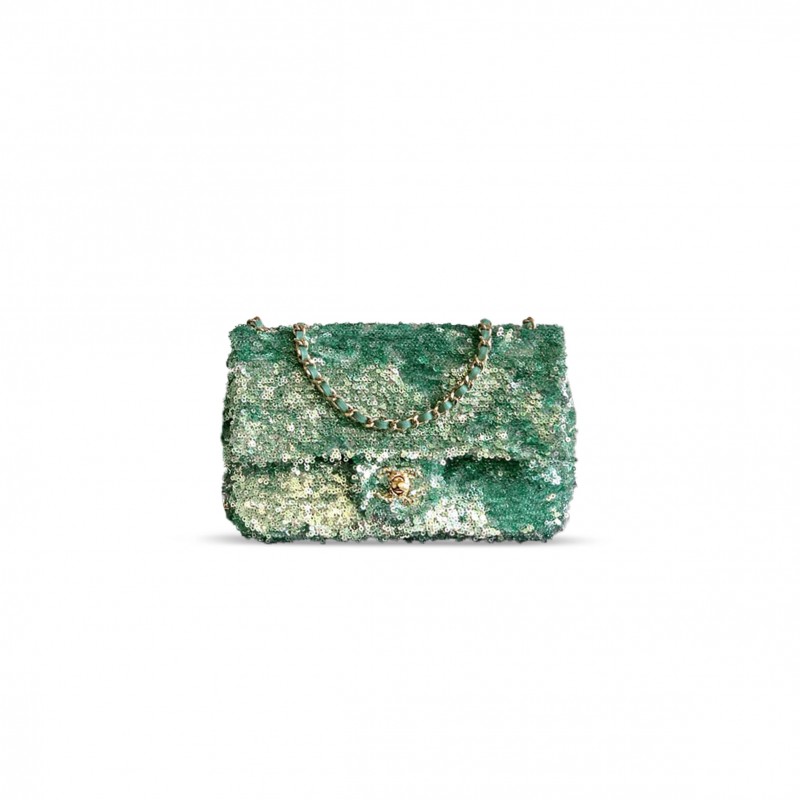 CHANEL MASTER FLAP BAG SEQUINS & GOLD-TONE METAL GOLDEN & GREEN AS4561 (21*14*8cm)