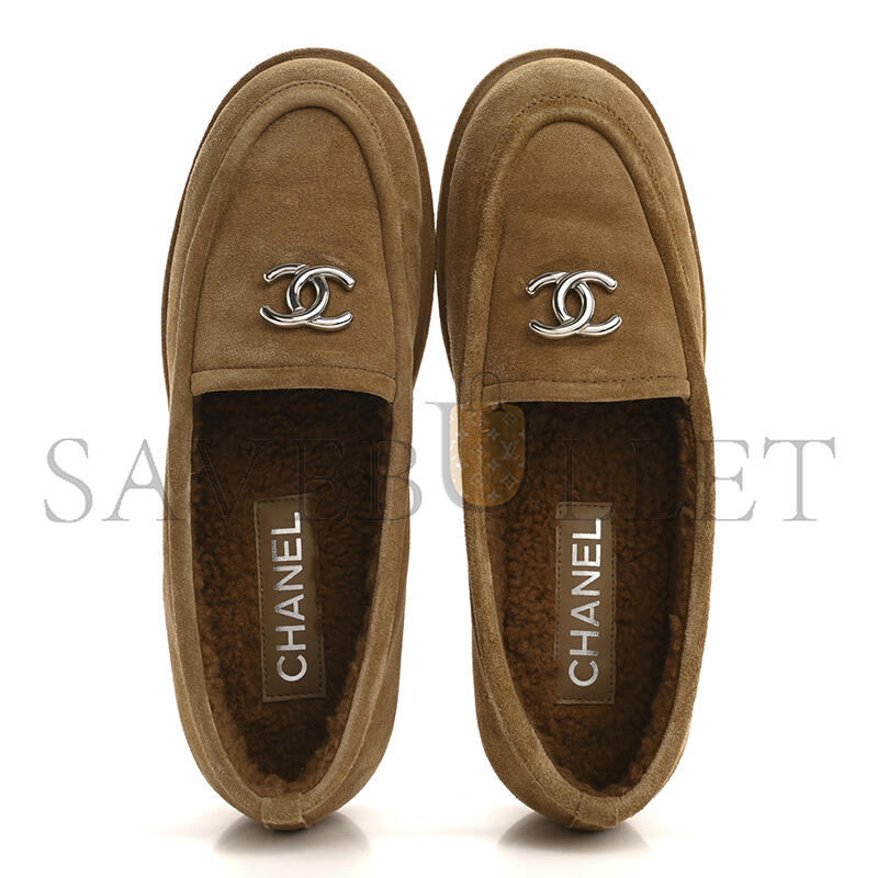 CHANEL SUEDE CALFSKIN CC LOAFERS DARK BEIGE 