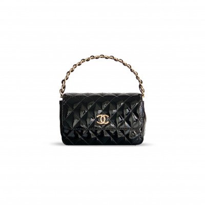 CHANEL HANDLE FLAP BAG PATENT CALFSKIN & GOLD METAL BLACK 496582 (18.5*10.5*8cm)
