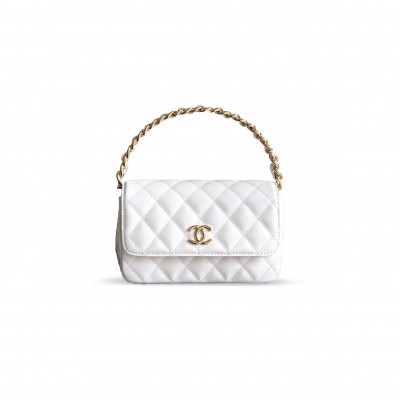 CHANEL HANDLE FLAP BAG PATENT CALFSKIN & GOLD METAL WHITE 496584 (18.5*10.5*8cm)