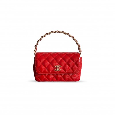 CHANEL MASTER HANDLE FLAP BAG PATENT CALFSKIN & GOLD METAL RED 496586 (18.5*10.5*8cm)