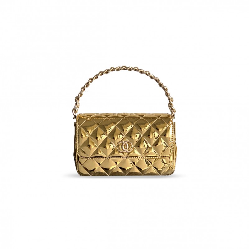 CHANEL HANDLE FLAP BAG PATENT CALFSKIN & GOLD METAL GOLD 496588 (18.5*10.5*8cm)