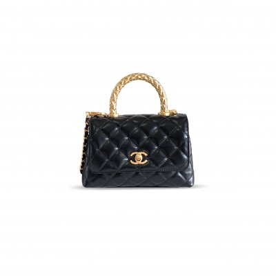 CHANEL MINI FLAP BAG WITH TOP HANDLE CALFSKIN & GOLD METAL BLACK AS2215 (19*13*9cm)