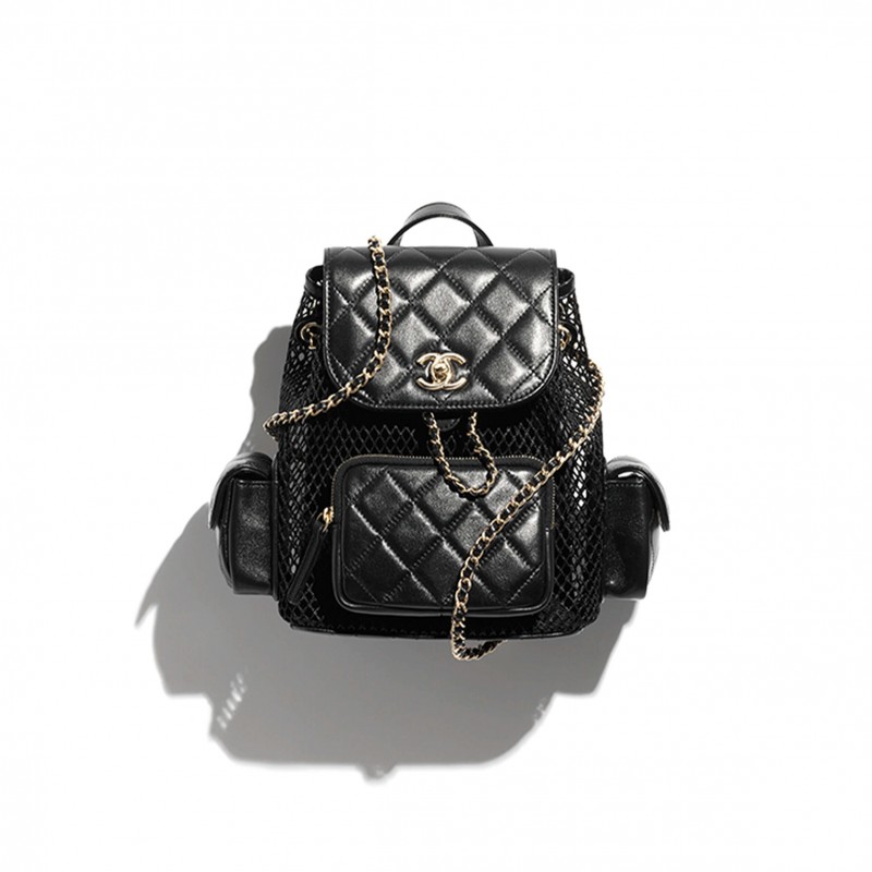 CHANEL MASTER BACKPACK MESH, SHINY LAMBSKIN & GOLD-TONE METAL BLACK AS5484 (25*23*14cm)