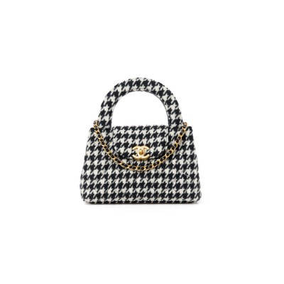 CHANEL TWEED HOUNDSTOOTH QUILTED NANO KELLY SHOPPER BLACK WHITE 1523860 (20*13*6cm)
