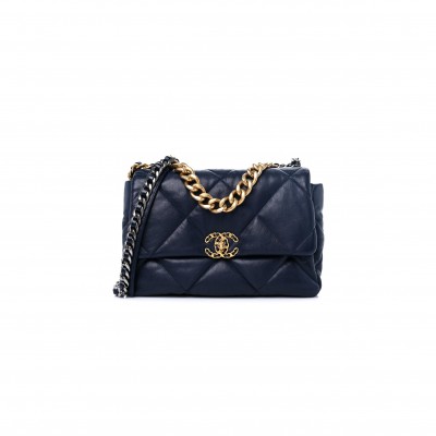 CHANEL LAMBSKIN QUILTED LARGE CHANEL 19 FLAP NAVY BLUE AS1161 (30*20*10cm)