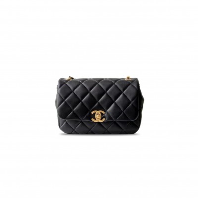 CHANEL MASTER  MINI PEARLY CHAIN FLAP BAG BLACK LAMBSKIN BRUSHED GOLD HARDWARE  (20*15*5cm)