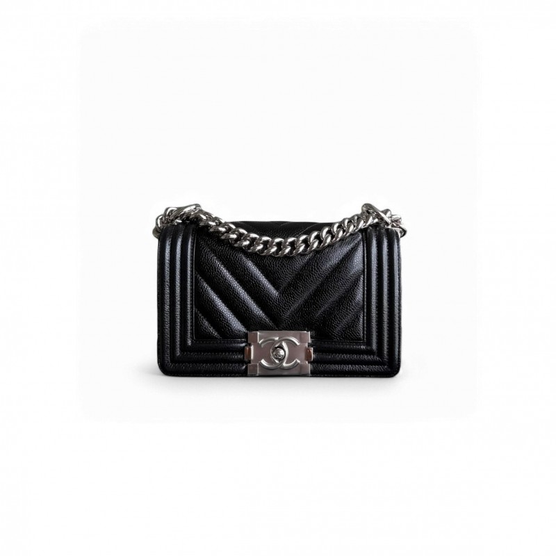 CHANEL BOY SMALL CAVIAR CHEVRON BLACK SILVER HARDWARE  (20*12*6cm)