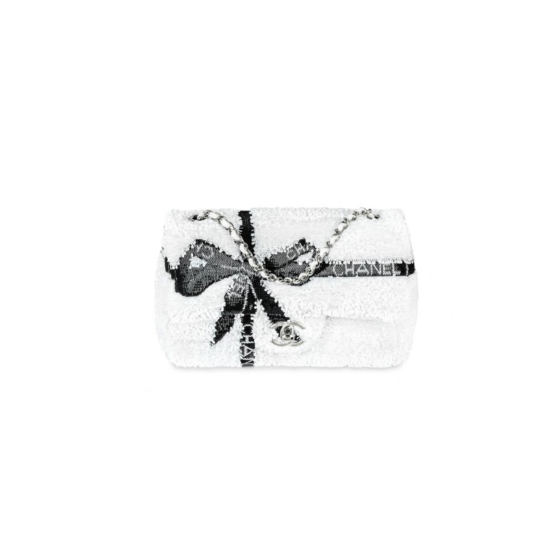 CHANEL MASTER 24B WHITE & BLACK SEQUIN BOW MINI FLAP SILVER HARDWARE BAG AS2090 (20*13*6cm)