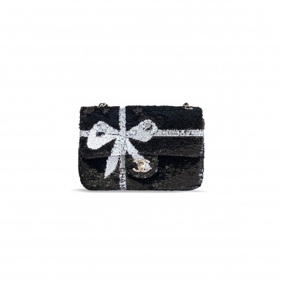 CHANEL MASTER 24B WHITE & BLACK SEQUIN BOW MINI FLAP SILVER HARDWARE BAG AS2090 (20*13*6cm)