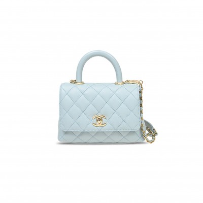 CHANEL LIGHT BLUE CAVIAR LEATHER HANDBAG AS2215 (18*13*9cm)