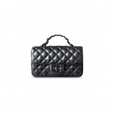 CHANEL MINI LAMBSKIN QUILTED COCO POP TOP HANDLE FLAP BLACK 3695246 (20*12.5*6cm)