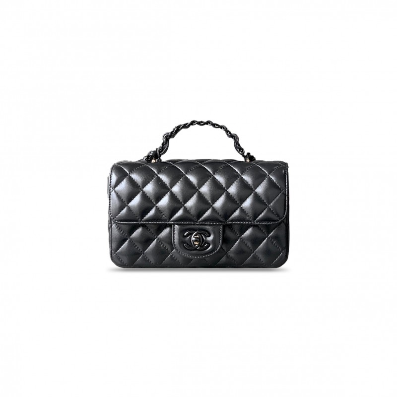CHANEL MINI LAMBSKIN QUILTED COCO POP TOP HANDLE FLAP BLACK 3695246 (20*12.5*6cm)