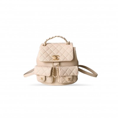 CHANEL MASTER LARGR SHINY CAVIAR QUILTED DUMA POCKETS DRAWSTRING BACKPACK MILK TEA COLOR 129235 (21*20*12cm)