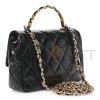 CHANEL SHINY LAMBSKIN QUILTED GOLDEN LINKS TOP HANDLE FLAP BLACK AS1160 (20*13*5cm)