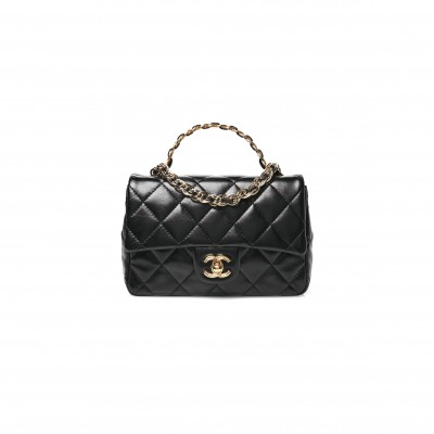 CHANEL SHINY LAMBSKIN QUILTED GOLDEN LINKS TOP HANDLE FLAP BLACK AS1160 (20*13*5cm)