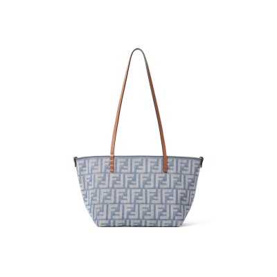 FENDI SMALL ROLL BLUE DENIM-EFFECT FF JACQUARD REVERSIBLE SHOPPER 8BH424AUT4F1SXQ (23*19.5*15cm)