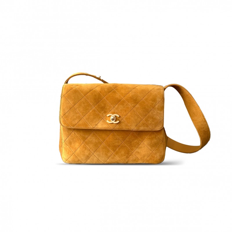 CHANEL VINTAGE SUEDE QUILTED FLAP SHOULDER BAG KHAKI A99935 (28*24*12.5cm)
