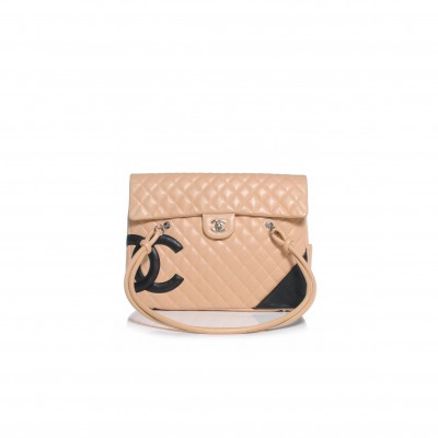 CHANEL CALFSKIN QUILTED LARGE CAMBON FLAP BEIGE BLACK (33*24*11cm)