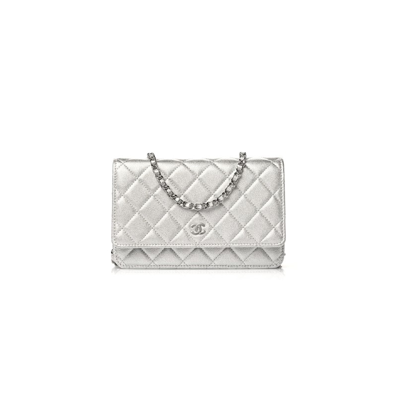 CHANEL METALLIC LAMBSKIN QUILTED WALLET ON CHAIN WOC SILVER AP0250 (19*13*3cm)