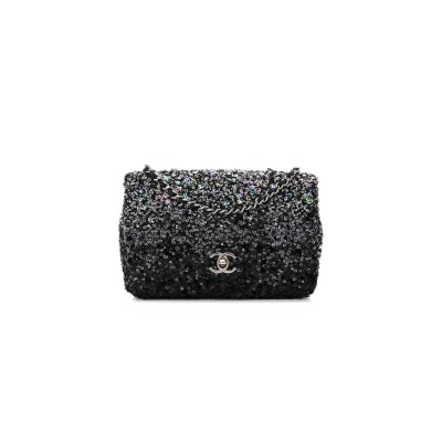 CHANEL SEQUIN MINI RECTANGULAR FLAP BLACK SILVER AS3965 (20*15*7cm)