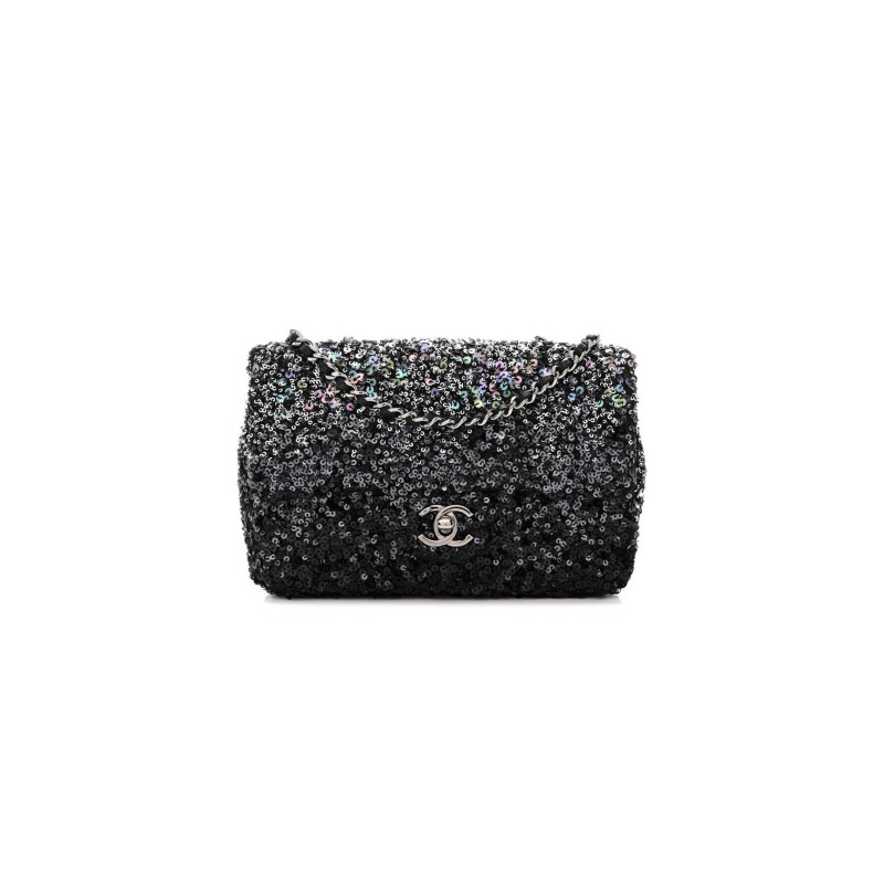CHANEL SEQUIN MINI RECTANGULAR FLAP BLACK SILVER AS3965 (20*15*7cm)