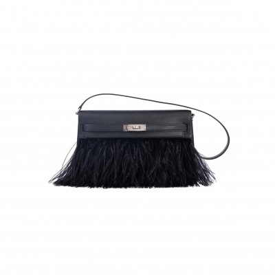 HERMÈS MASTER KELLY ELAN FOLIE 28 BLACK OSTRICH FEATHER (28*15*3cm)
