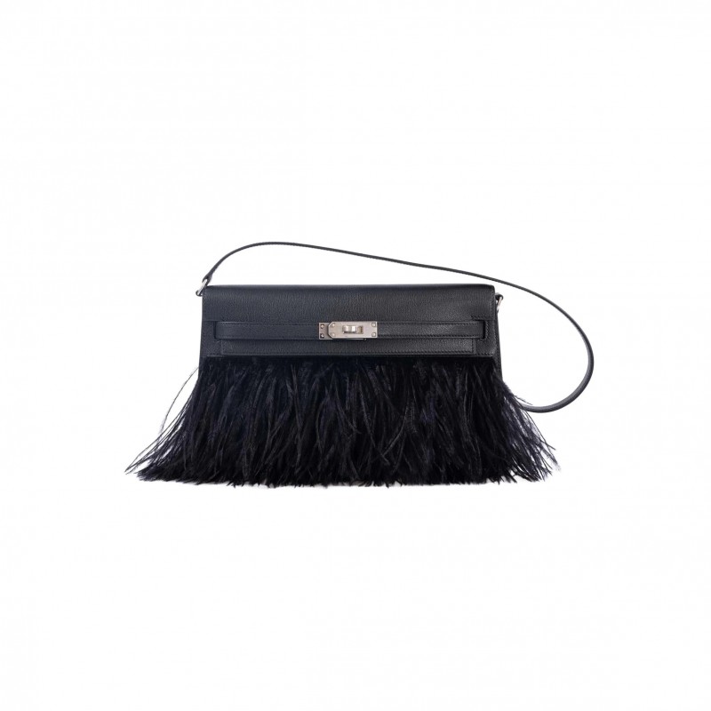 HERMÈS MASTER KELLY ELAN FOLIE 28 BLACK OSTRICH FEATHER (28*15*3cm)